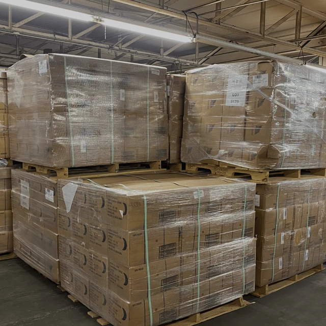 Pallets of MRE cases stacked in the warehouse