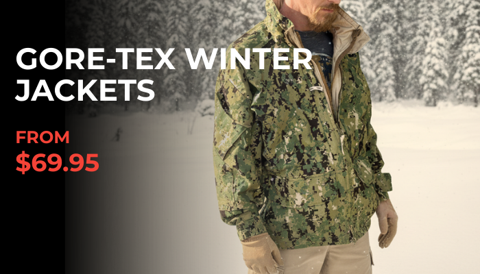 man wearing a winter jacket outdoors with text that says "Gore-tex Winter Jackets from $69.95"