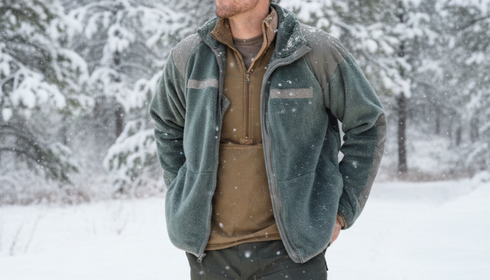 Olive fleece jacket worn outdoors in a snowy forest