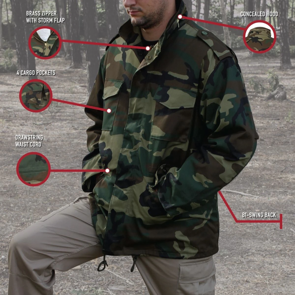 woodland camo jacket with bullet point features 