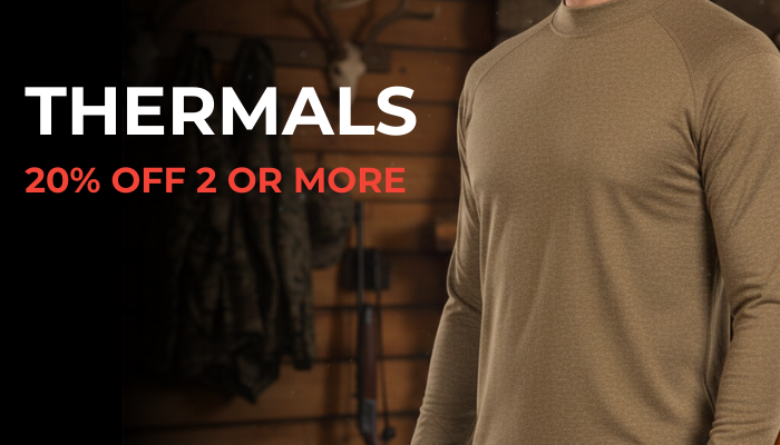 image of a man wearing a thermal and text that says "Thermals 20% Off 2 or More"
