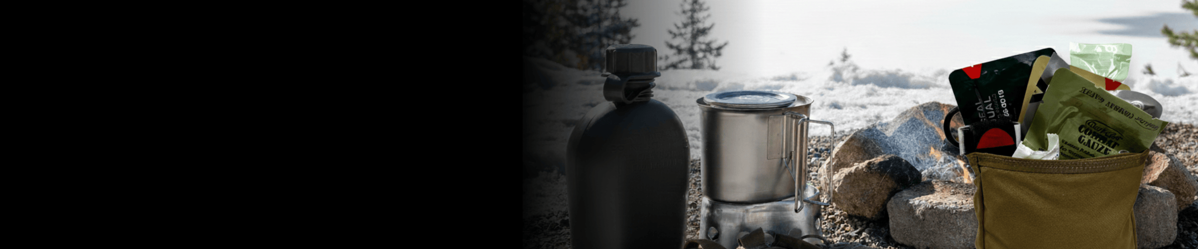 canteen and cook set near a f ire in a snowy environment with text