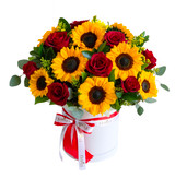 Sunflowers and red roses in a white box.