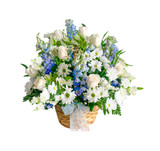 light blue delphinium and white roses funeral basket