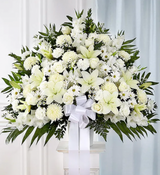 white flowers funeral basket.