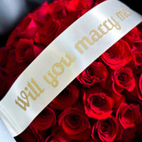 Will you Marry Me white banner over red roses.