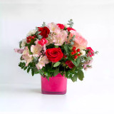 A floral arrangement of pink and red roses, in a pink container on a white backdrop.