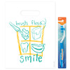 1109613 | Patient bags feature yellow square. The image of a toothbrush, floss, molar, and smile are included in each quadrant. The words 'brush and floss' are written above the square and 'smile' is written below.