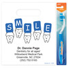 11096192 | Personalized patient bag featuring five tooth characters holding up blue signs with letters spelling the word 'SMILE'.