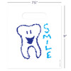 1109644 | 7¾ x 9 Smile Tooth Bags 100/Pack | Die-cut handles. Tough, biodegradable, white 2.0 mil plastic. 100 per pack.