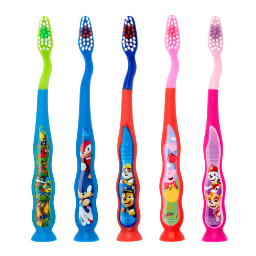 Firefly Assorted Characters Kids Suction Cup Toothbrushes with Caps 24/Pack