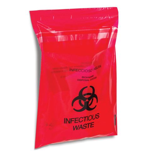 9 X 10 Red Stick-On Infectious Waste Bags 200/Pack