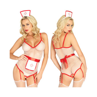 3pc Nurse, Fishnet Crotchless Garter Teddy, Apron, & Matching Headb& O/s White