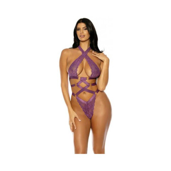 Camille Lace Halter Teddy With Lace Up Details - Purple S/m