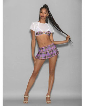 Euphoria 5 Pc Girly Adult School Girl Purple Plaid O/s Euphoria 5 Pc Girly Adult School Girl Purple Plaid O/s