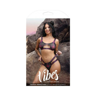 Fantasy Lingerie Vibes Fuckin' Perfection Plaid Mesh Cut Out Bralette & Panty Black S/m