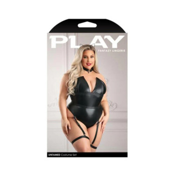 Fantasy Lingerie Play Untamed Structured Wetlook Teddy With Snap Closure, Removable Leg Garters & He Fantasy Lingerie Play Untamed Structured Wetlook Teddy With Snap Closure, Removable Leg Garters & He