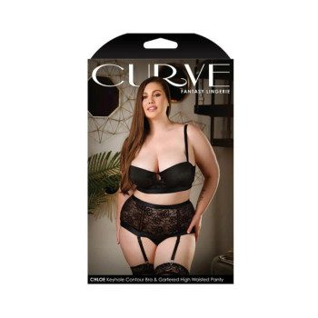 Curve Chloe Keyhole Contour Bra & Gartered High Waisted Panty Black 3x/4x Curve Chloe Keyhole Contour Bra & Gartered High Waisted Panty Black 3x/4x