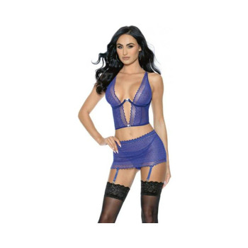 Lace & Mesh Long Line Bra, Garter Skirt & G-string Midnight Blue Small