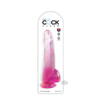 King Cock Clear With Balls 10in Pink King Cock Clear With Balls 10in Pink