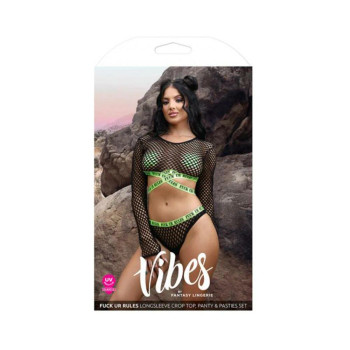 Fantasy Lingerie Vibes Fuck Ur Rules Long Sleeve Fishnet Top & Panty With Uv Reactive Elastic And 1