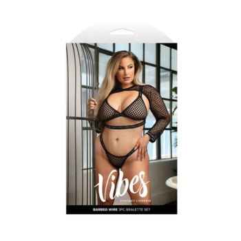 Fantasy Lingerie Vibes Barbed Wire Fishnet Bralette, Shrug & Panty Queen Size
