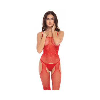 Rene Rofe Sparkle Crotchless Bodystocking Red O/s