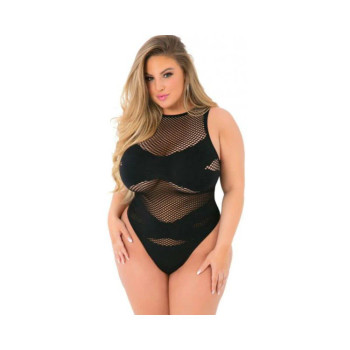 Pink Lipstick Criss Cross Fishnet Bodysuit Black Qn