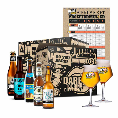 Bierproeverijpakket met online proeverij. Het bierpakket bevat 5 internationale speciaalbieren, twee bierglazen, online proeverij en proefformulier.