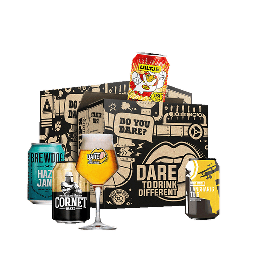 Cadeaupakket met 4 bieren en een glas. 