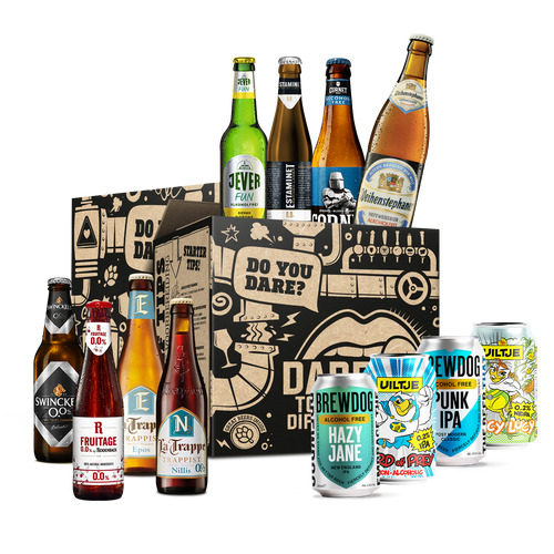 Dry January Box. Een bierbox samengesteld door Untappd met 12 verschillende alcoholvrije bieren.