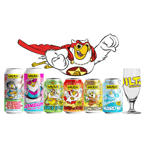 uiltje Explore bierpakket met 6 bieren en een glas. 