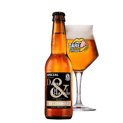 Dame & Blanche van De Molen is een Weizenbock met toevoeging van vanille en chocolade met DtDD glas.