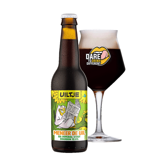 Uiltje Meneer de Uil Barrel Aged Bourbon fles 33cl. Is het imperial stout bier van brouwerij Uiltje met een alcoholpercentage van 12.0%