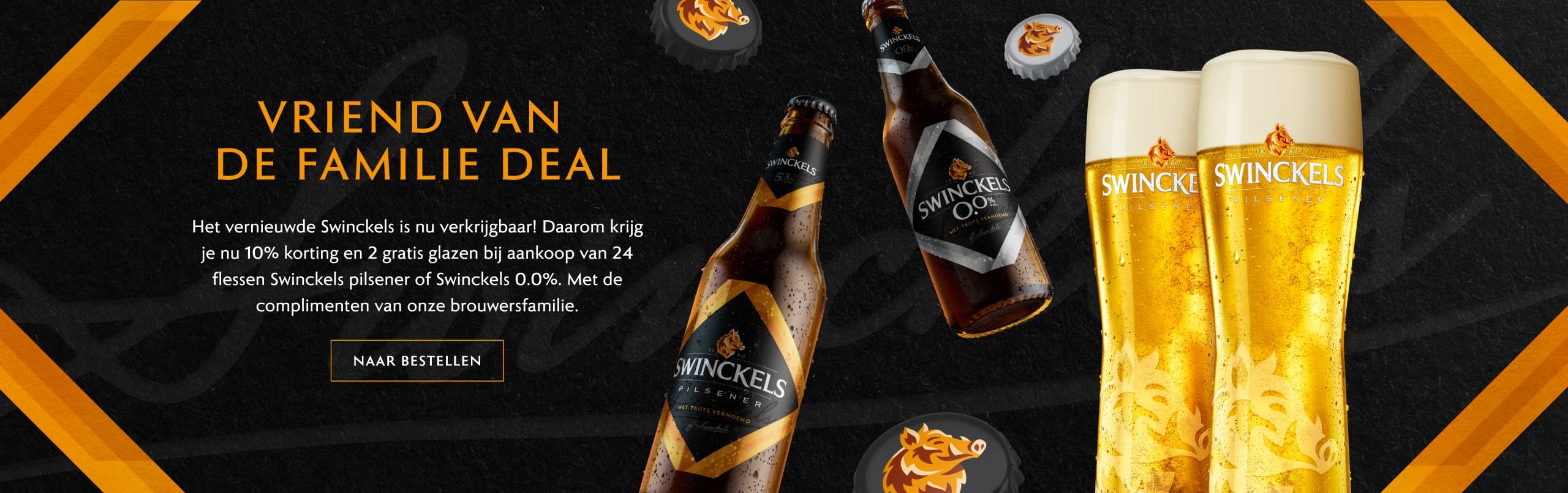 Vriend van de familie deal, banner met Swinckels bier en bierglazen