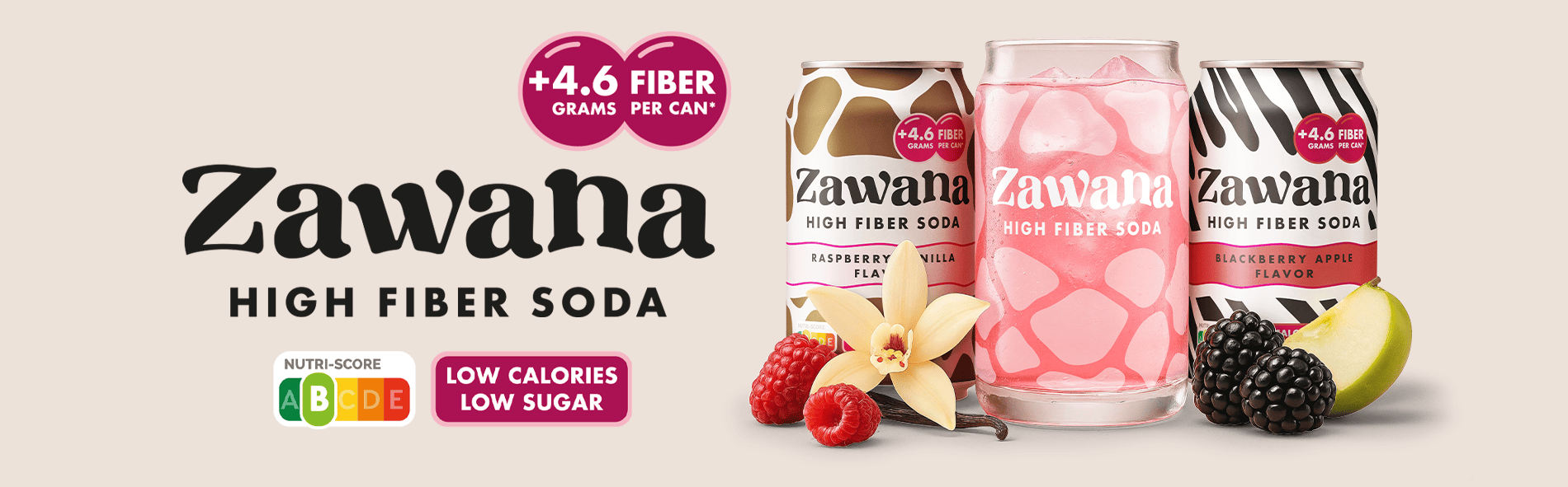 Zawana Drinks High Fiber Soda twee smaken en een glas