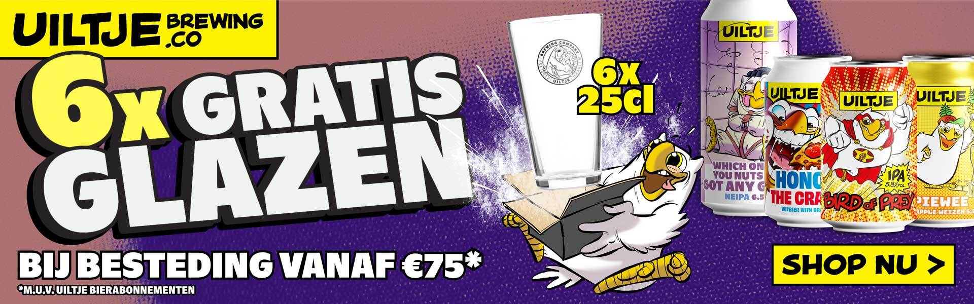 6 gratis glazen bij besteding vanaf €75,-