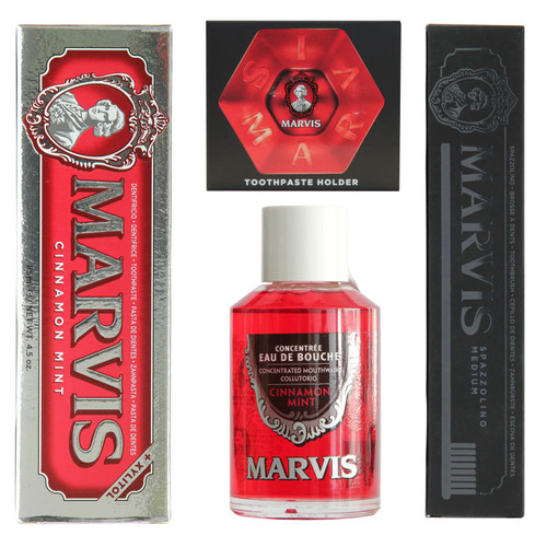 Marvis Cinnamon Toothpaste 85ml, Black Toothbrush, Red Stand + Mouthwash 120ml