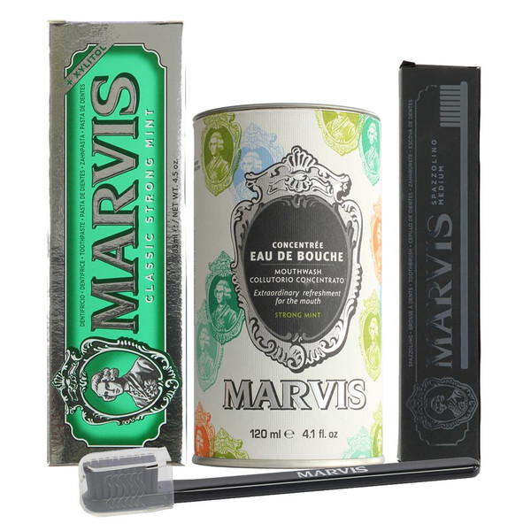 Marvis Mouthwash, Classic Mint Toothpaste & Black Toothbrush