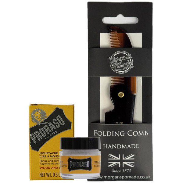 Proraso Wood & Spice Moustache Wax + Morgan's Foldable Moustache Comb