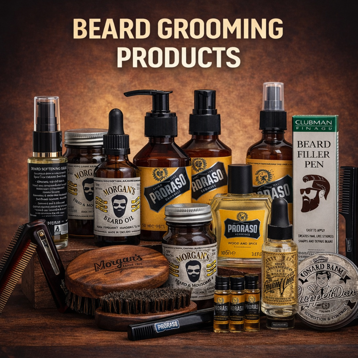 Beard care products including beard oil, balm and grooming tools for a healthy, well-groomed beard