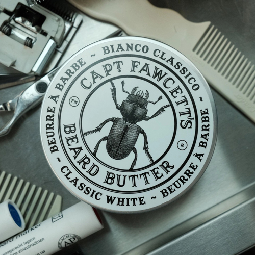 Captain Fawcett’s Bianco Classico Beard Butter for grey and silver beards with rosemary and cedarwood scent.