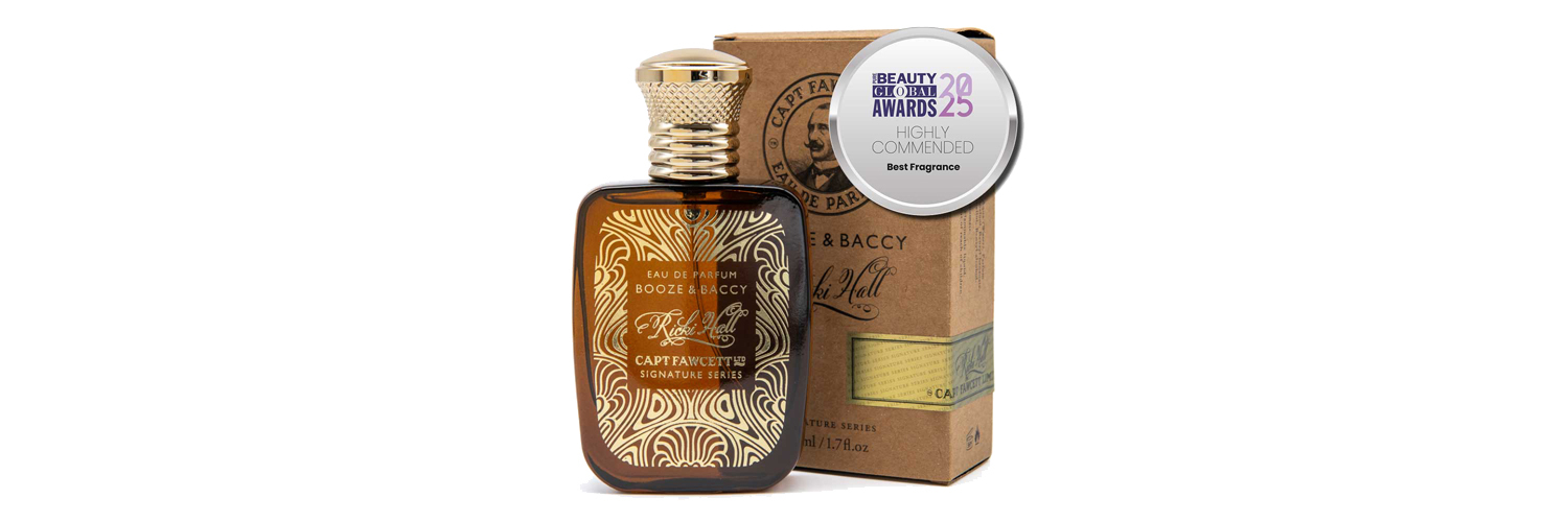 Captain Fawcett x Ricki Hall Eau de Parfum with bay rum, tobacco, frankincense, and vanilla scent.