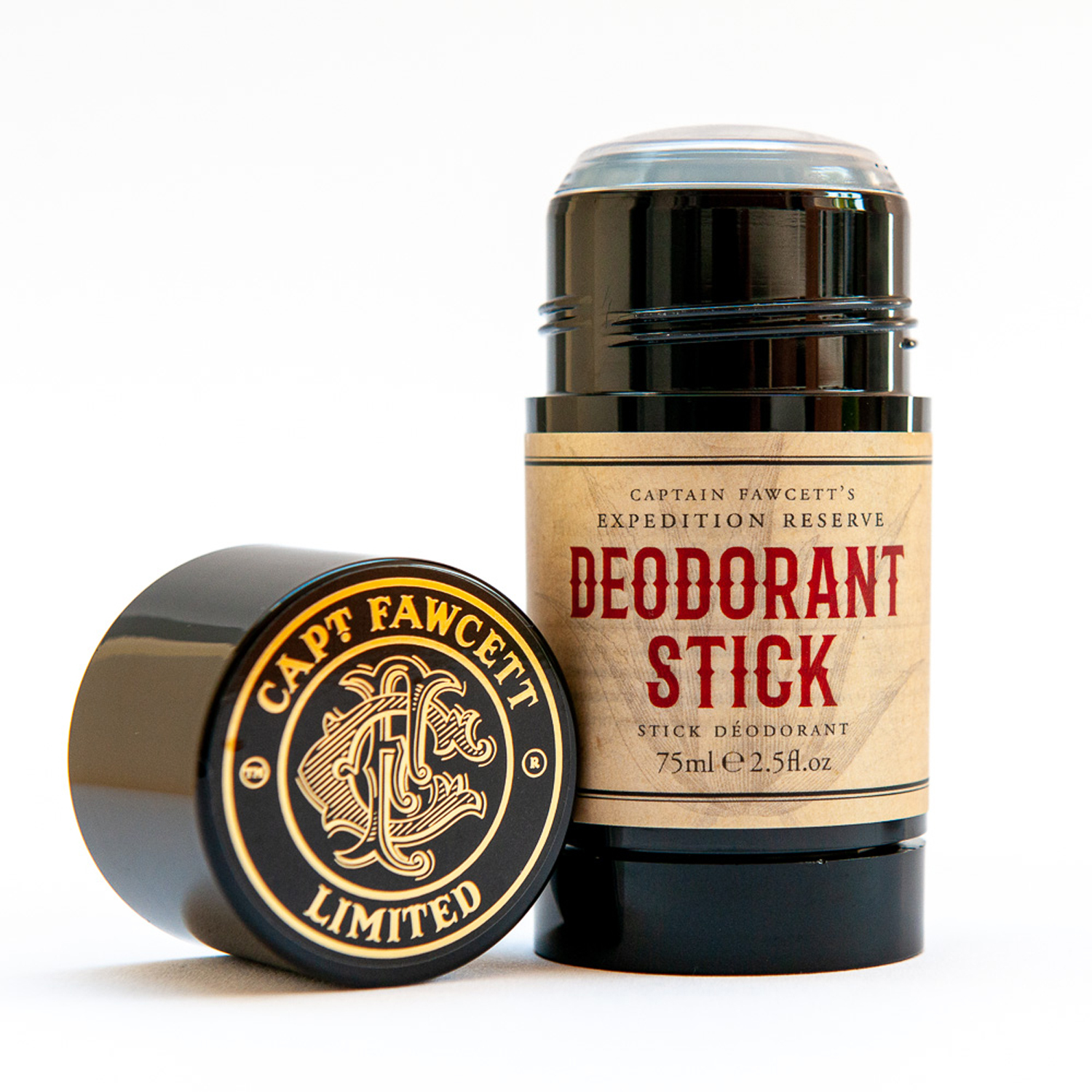 Captain Fawcett's Expedition Reserve Deodorant Stick with patchouli, cedar, and wood fragrance.