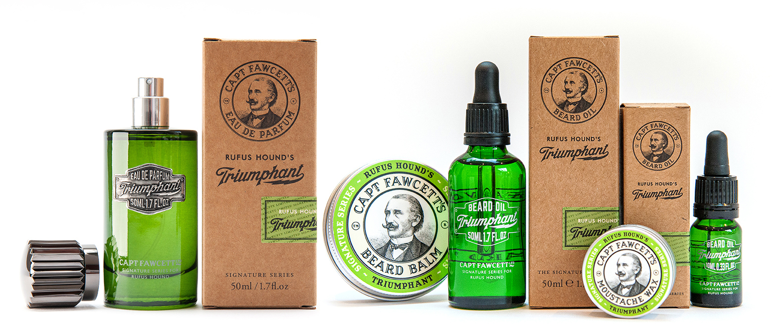 Captain Fawcett Triumphant Beard Range – includes beard oil, balm, and wax with a fresh, sophisticated fragrance for beard grooming and styling.