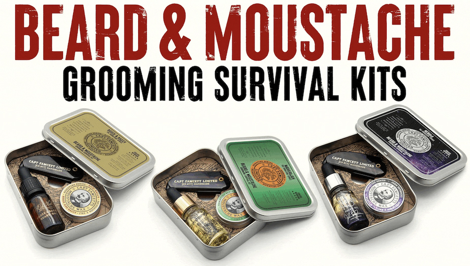 Captain Fawcett grooming set including 10ml beard oil, 15ml moustache wax, and folding moustache comb
