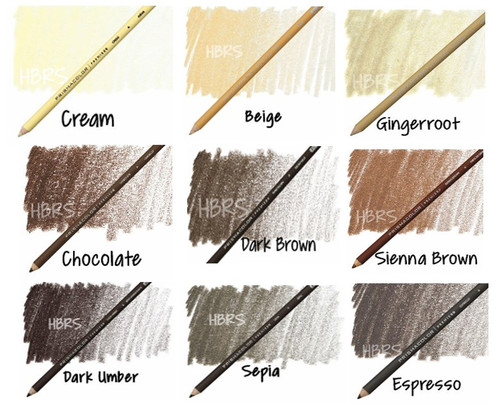 Prismacolor Premier Pencils in Cream, Beige, Ginger Root, Sienna Brown, Chocolate, Dark Brown, Dark Umber, Sepia, Espresso
