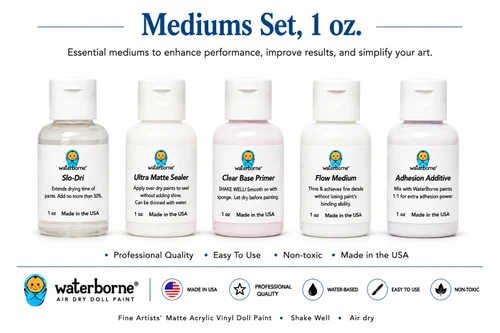 Five essential 1 oz. WaterBorne® mediums for preparing, painting and finishing reborn dolls, including primer, Slo-Dri, Flow Medium, additive and sealer.