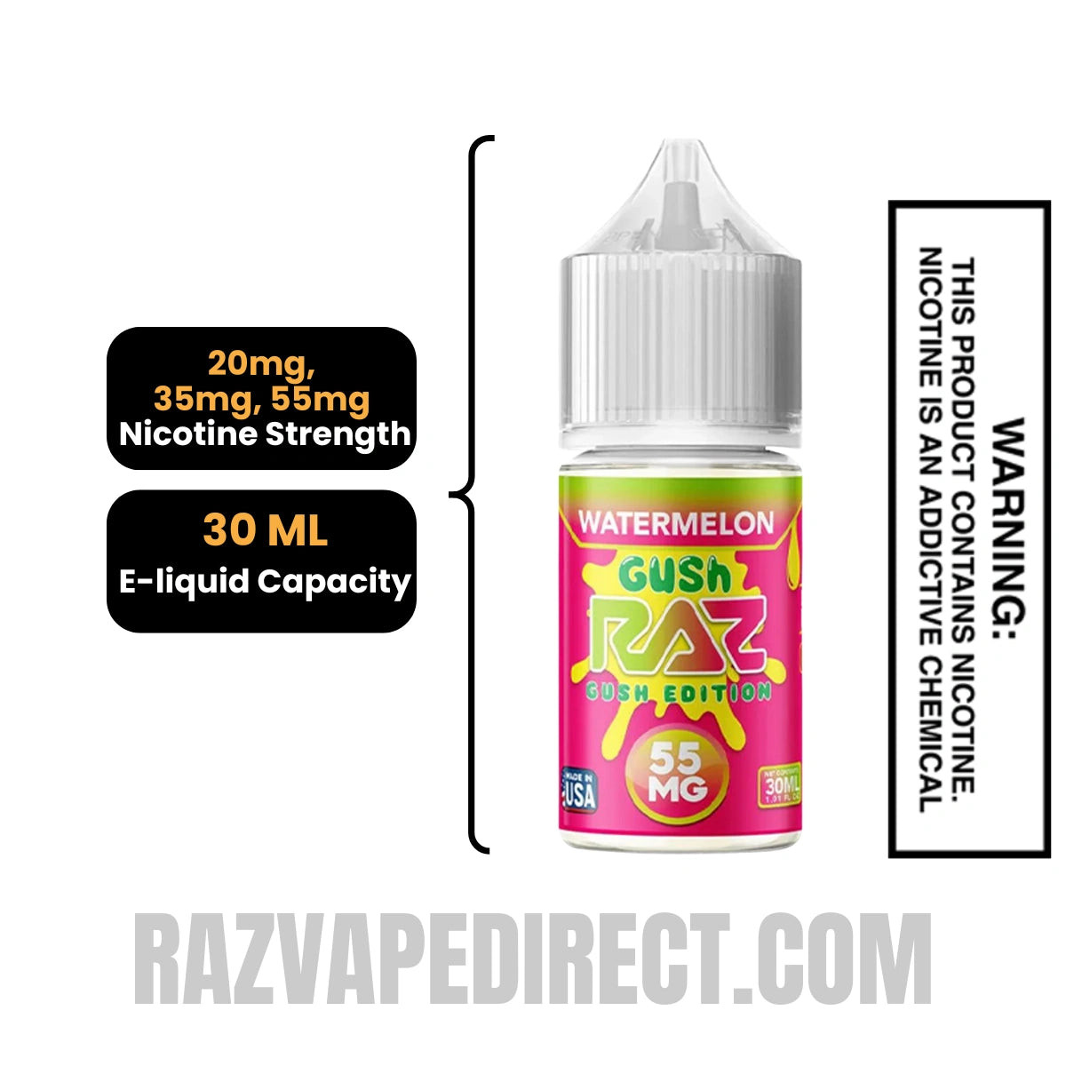 Watermelon Gush RAZ Salt Nic Juice 30 ML Specification
