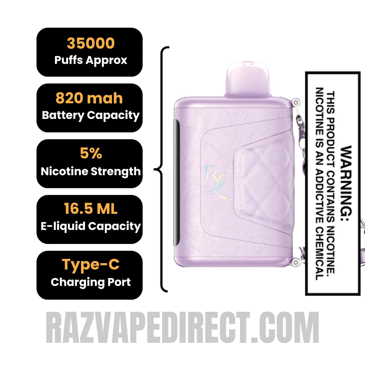 Grape Tease RAZ RYL Classic 35K Disposable Vape Specifications